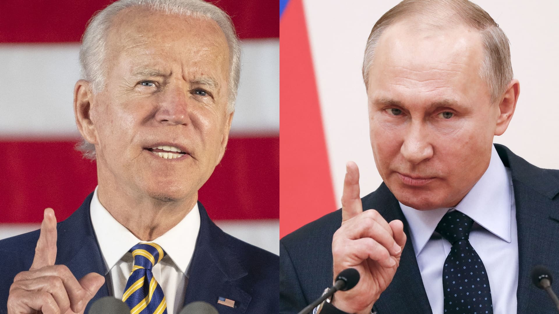 This combination of files pictures created on June 7, 2021 shows then Democratic presidential candidate Joe Biden speaking about reopening the country during a speech in Darby, Pennsylvania, on June 17, 2020 and Russian President Vladimir Putin delivering a speech during a meeting with Russian athletes and team members, who will take part in the upcoming 2018 Pyeongchang Winter Olympic Games, at the Novo-Ogaryovo state residence outside Moscow on January 31, 2018.