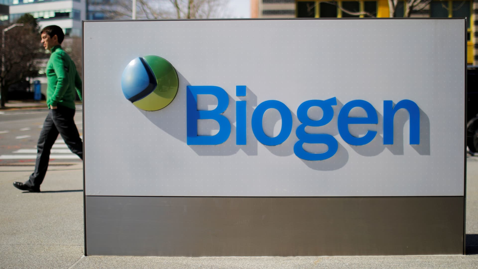 A sign marks a Biogen facility in Cambridge, Massachusetts.