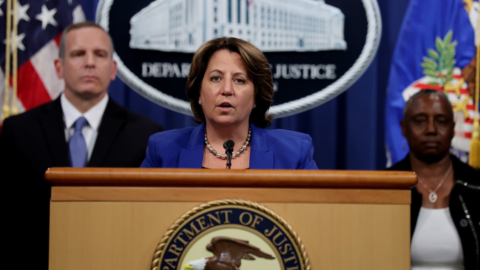 Deputy U.S. Attorney General Lisa Monaco announces the recovery of millions of dollars worth of cryptocurrency from the Colonial Pipeline Co. ransomware attacks as she speaks during a news conference with FBI Deputy Director Paul Abbate and Acting U.S. Attorney for the Northern District of California Stephanie Hinds at the Justice Department in Washington, June 7, 2021.
