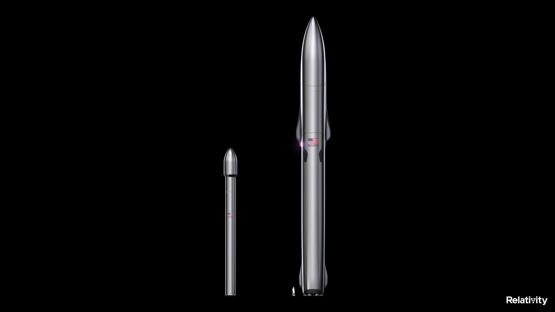 An illustration of a Terran 1 rocket, left, next to a Terran R rocket and a silhouette of a person.