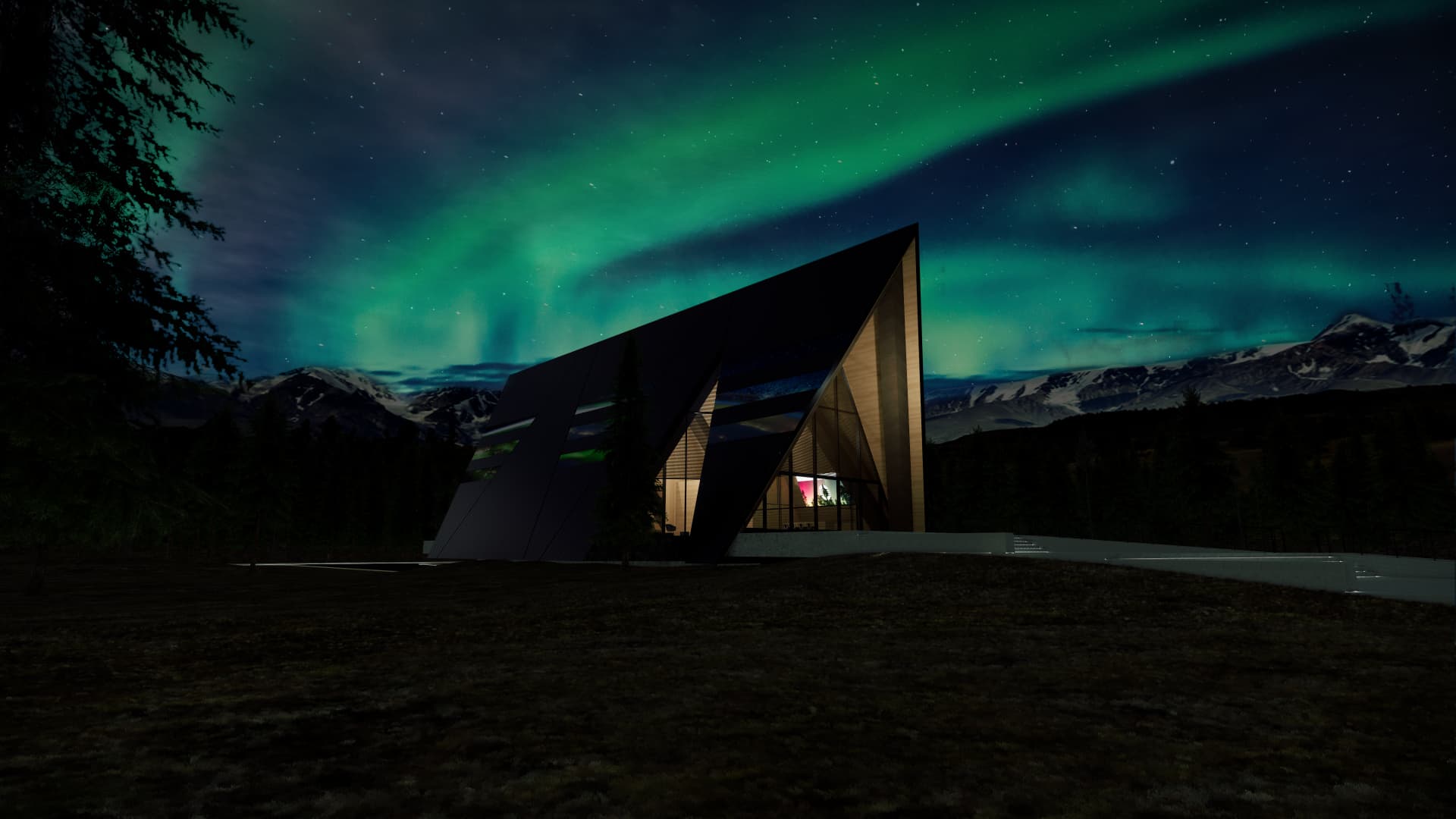 An artist rendering of Oklo's Aurora powerhouse at night.