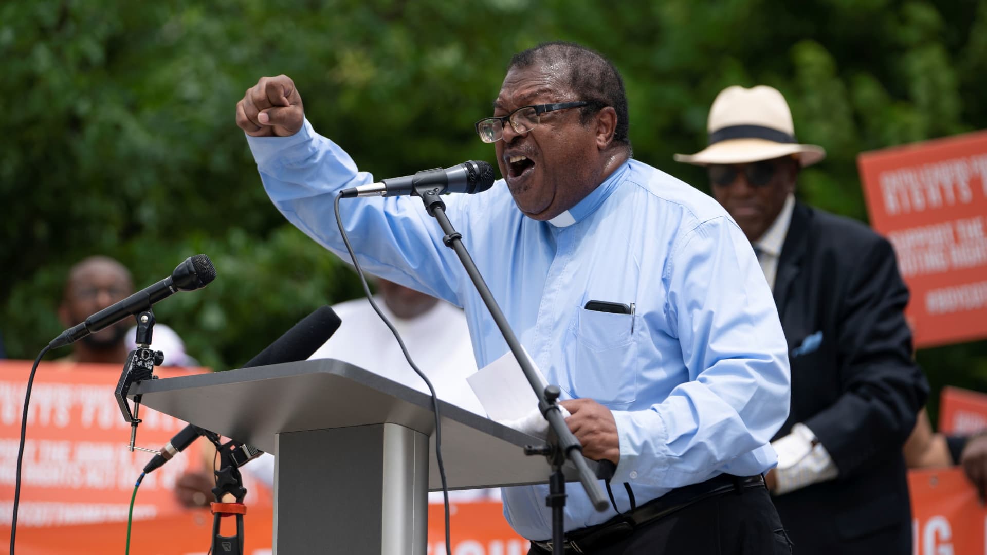 Pastor Timothy McDonald III speaks during a rally against the state's new voting restrictions outside the Georgia State Capitol, in Atlanta, Georgia, U.S., June 8, 2021.