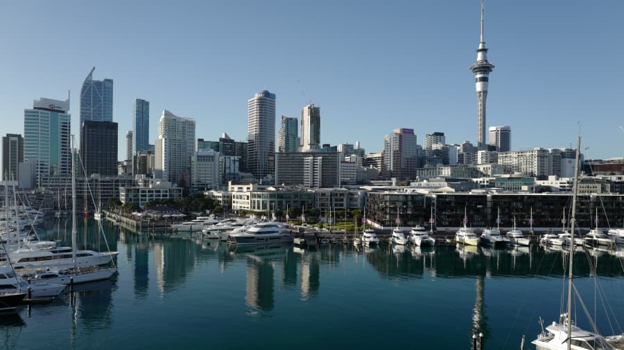 A general nighttime view of the Auckland skyline as seen from the new Park Hyatt hotel in the Viaduct Basin area of the city on May 16, 2021 in Auckland, New Zealand.