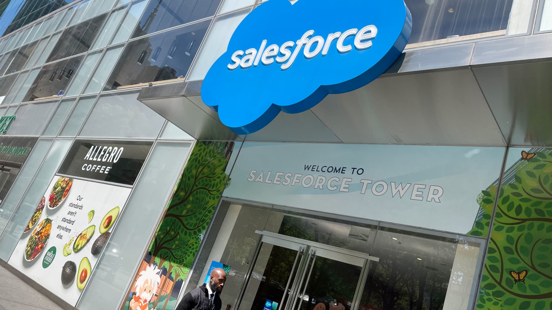 Salesforce signage outside office building in New York.
