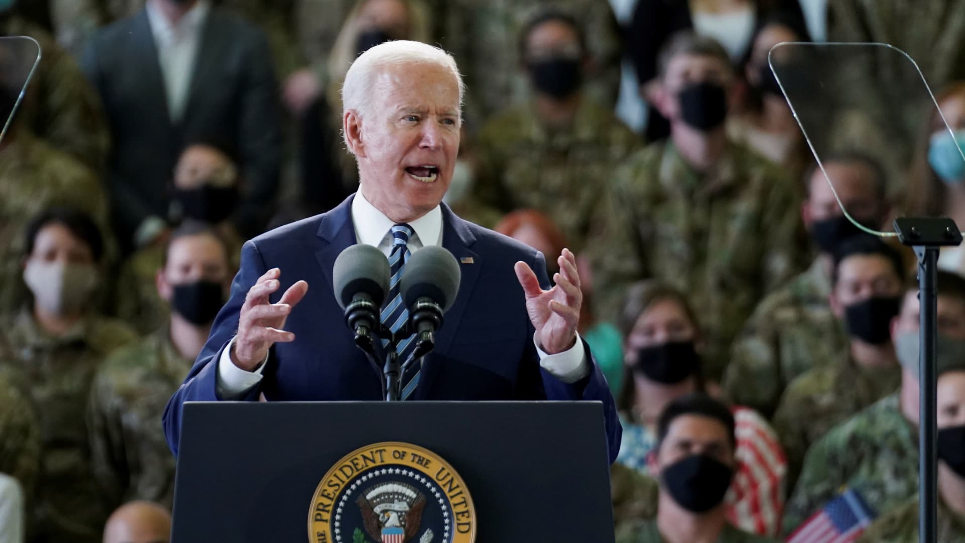 U.S. President Joe Biden delivers remarks to U.S. Air Force personnel and their families stationed at RAF Mildenhall, ahead of the G7 Summit, near Mildenhall, Britain June 9, 2021.