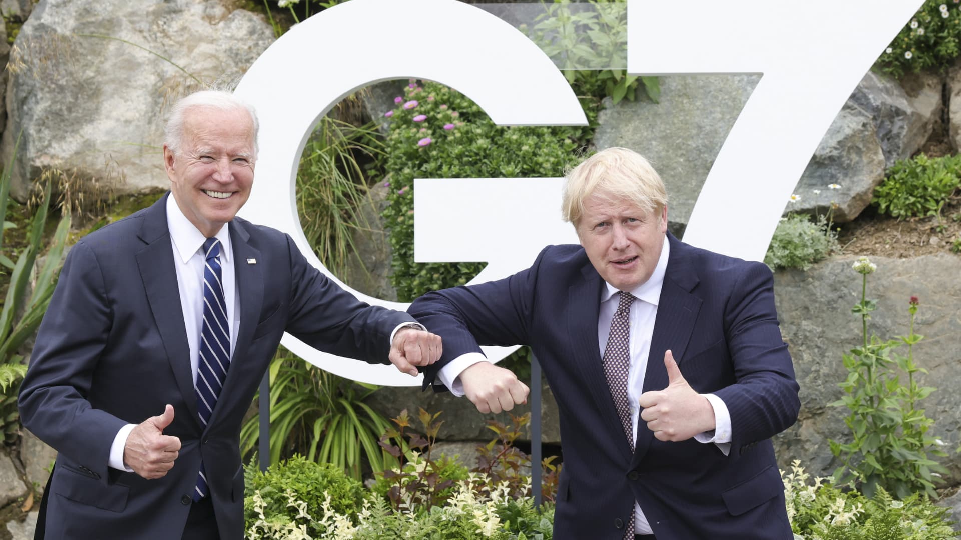 The Prime Minister Boris Johnson and the US President Joe Biden in Carbis Bay Cornwall after their meeting ahead of the G7 Summit June 10, 2021.
