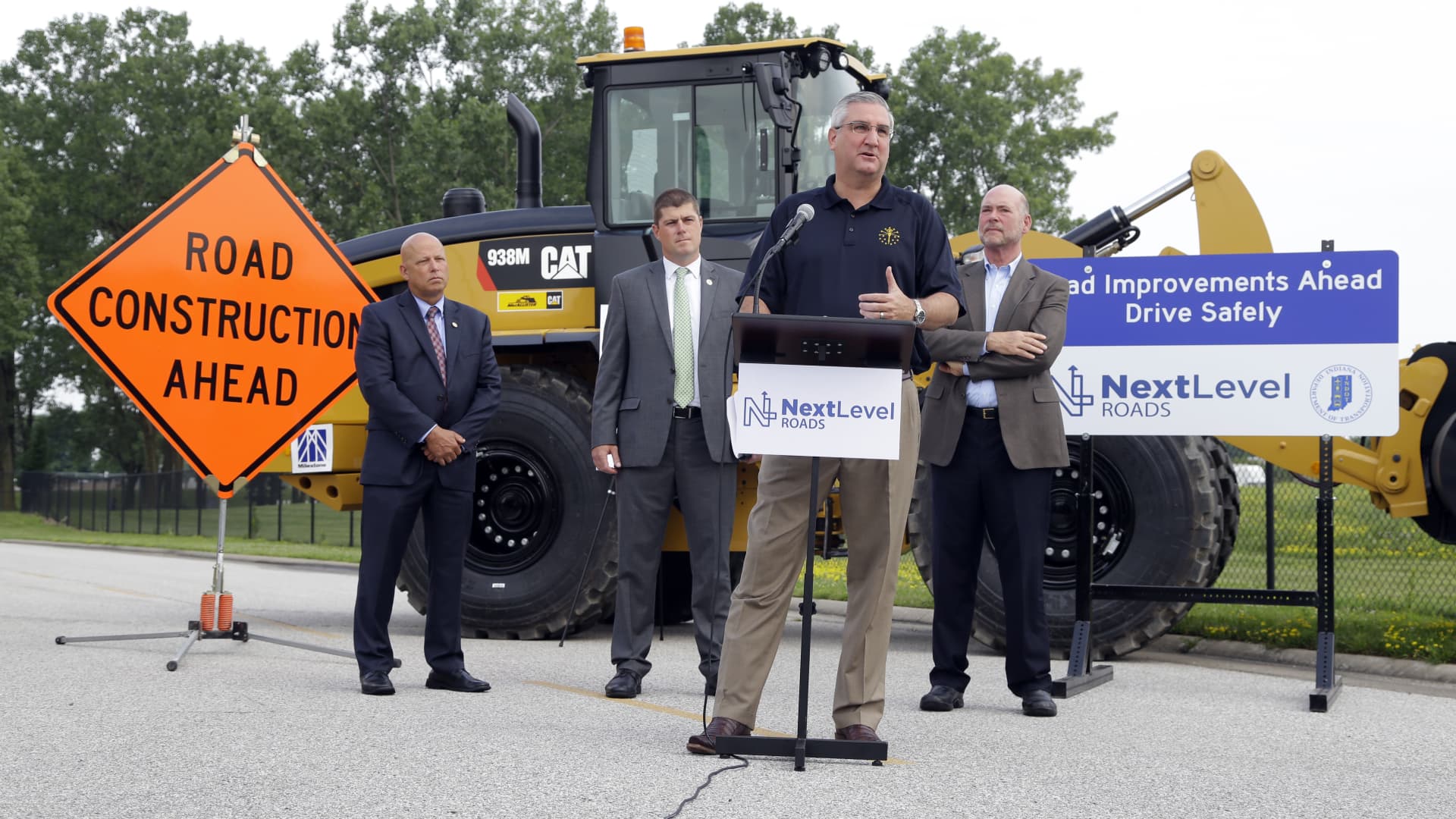 Indiana Gov. Eric Holcomb announces a list of infrastructure projects that will get funding in next five years under Indiana's Next Level Roads initiative, a 20-year program to improve Indiana's roads and bridges, during a press conference in Indianapolis.