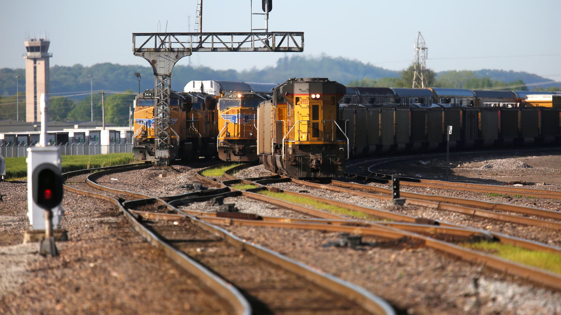 Union Pacific Corp. freight locomotives sit parked in a rail yard in East St. Louis, Illinois, U.S.