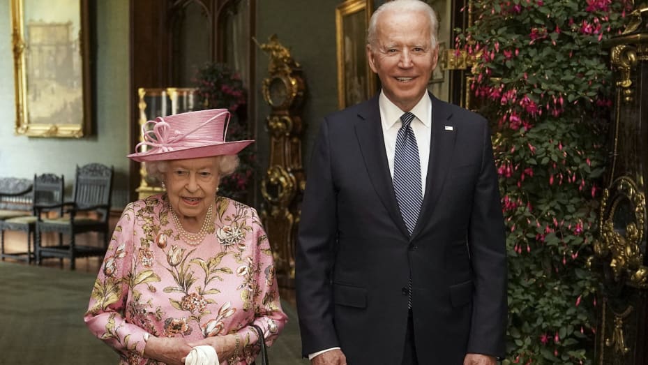 Queen Elizabeth II with US President Joe Biden in the Grand Corridor during their visit to Windsor Castle on June 13, 2021 in Windsor, England.