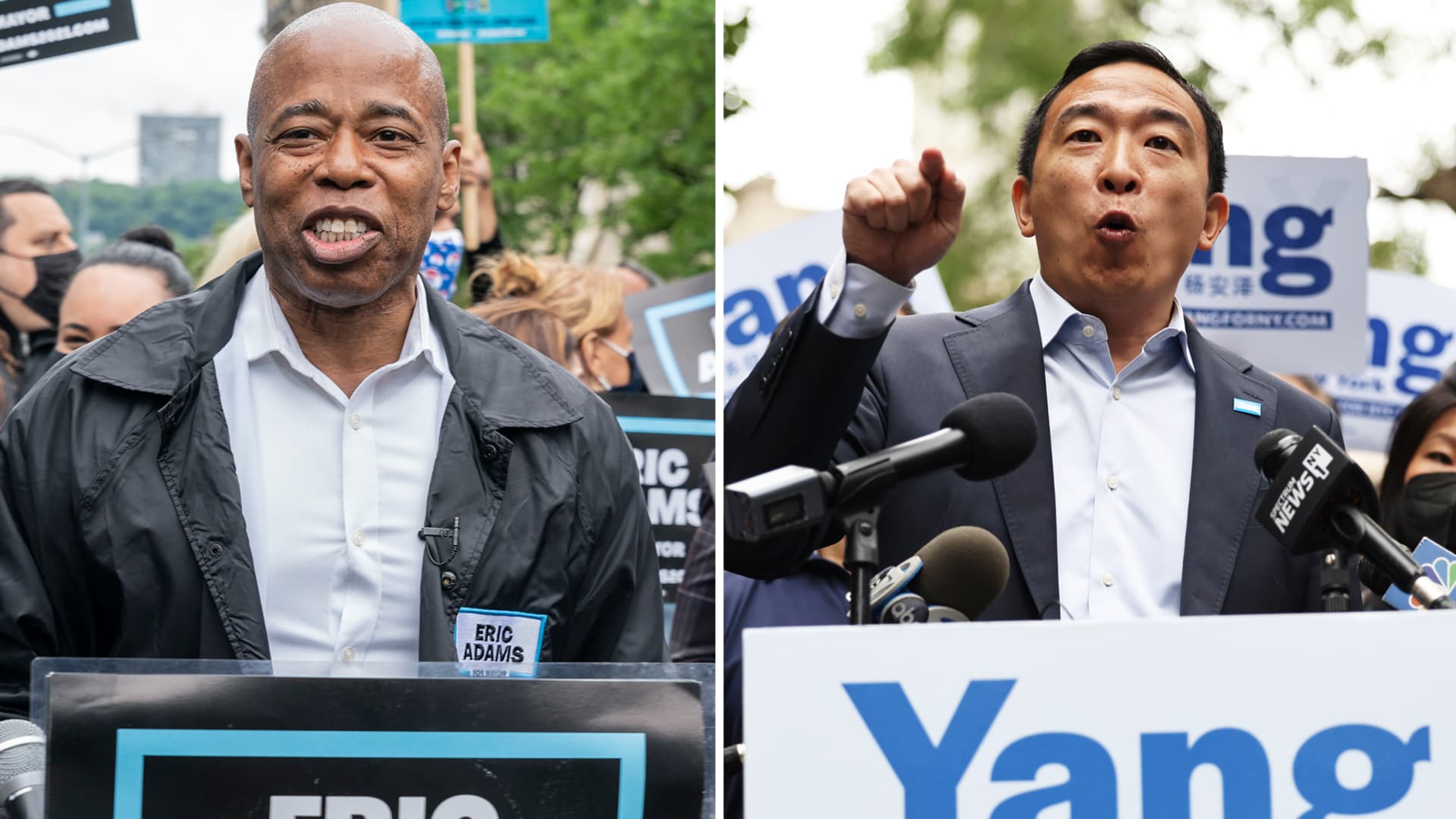 Mayoral candidates Eric Adams (L) and Andrew Yang