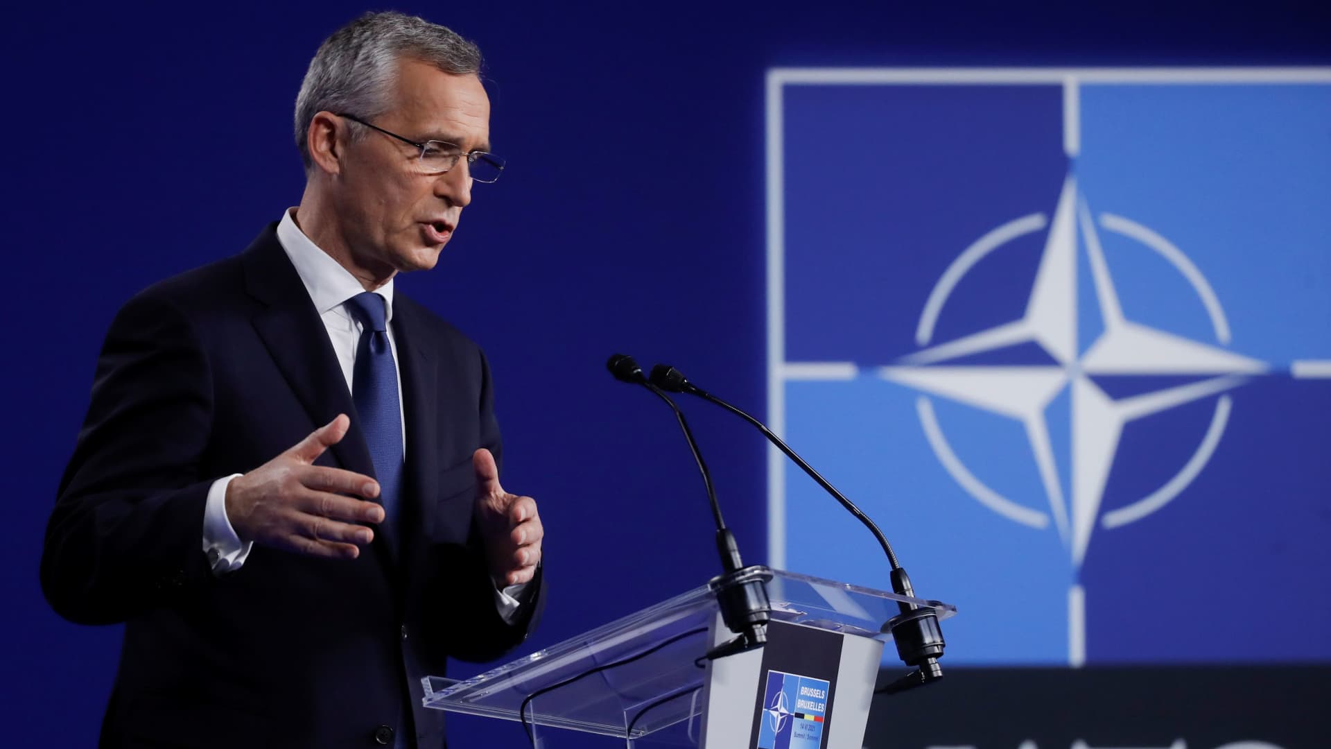 NATO Secretary General Jens Stoltenberg holds a news conference during a NATO summit at the Alliance's headquarters, in Brussels, Belgium, June 14, 2021.