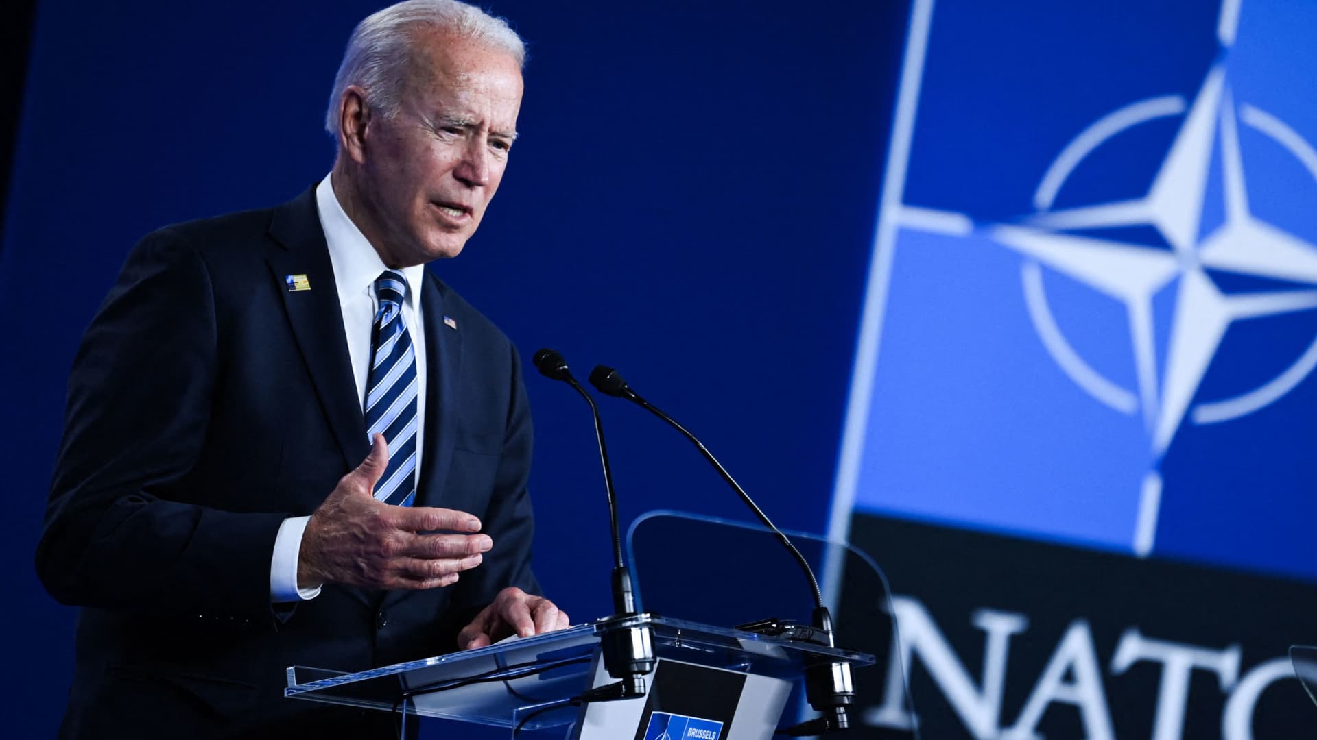 US President Joe Biden speaks during a press conference after the NATO summit at the North Atlantic Treaty Organization (NATO) headquarters in Brussels, on June 14, 2021.