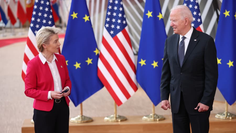 European Council President Charles Michel, President of the European Commission, Ursula von der Leyen and US President Joe Biden meet within EU -USA Summit in Brussels, Belgium on June 15, 2021.