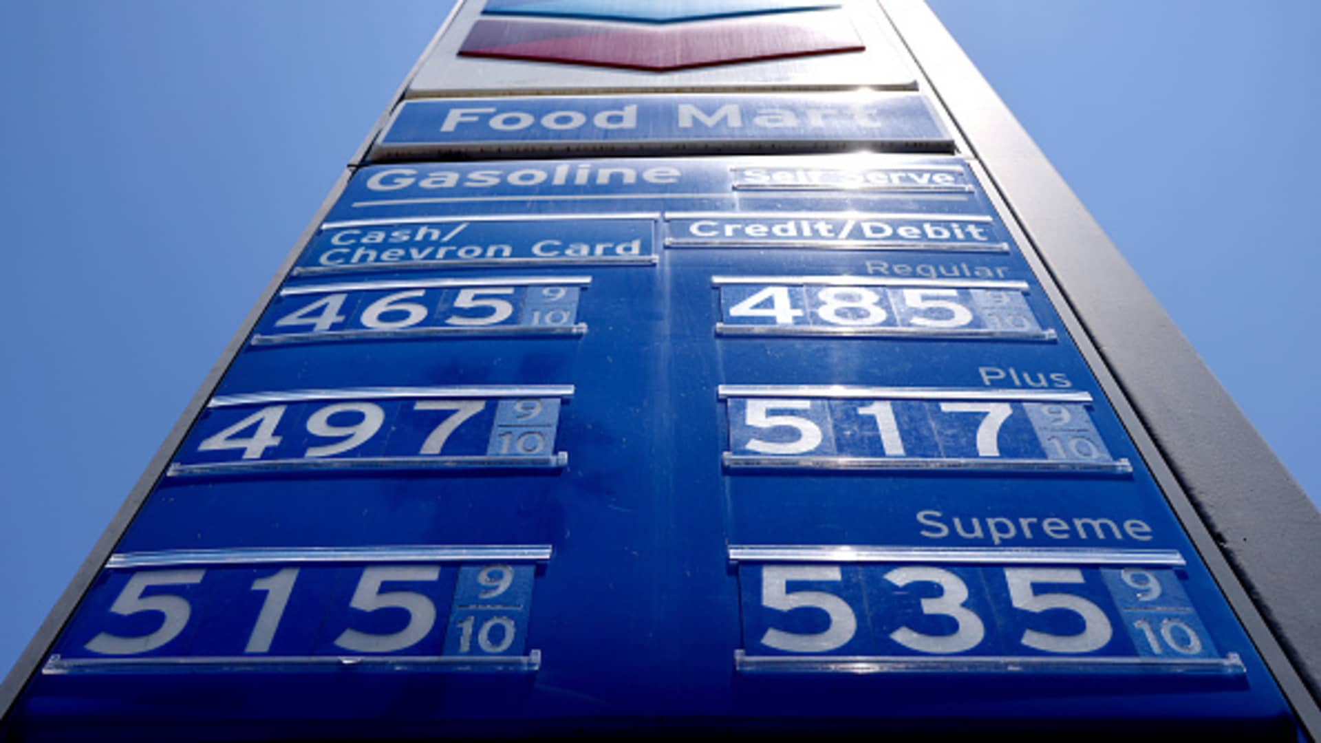 Gas prices are displayed at a Chevron station on June 14, 2021 in Los Angeles, California.