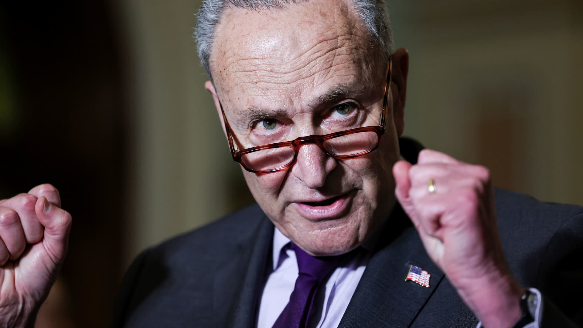 U.S. Senate Majority Leader Chuck Schumer (D-NY) talks to reporters following the Senate Democrats weekly policy lunch at the U.S. Capitol in Washington, June 15, 2021.