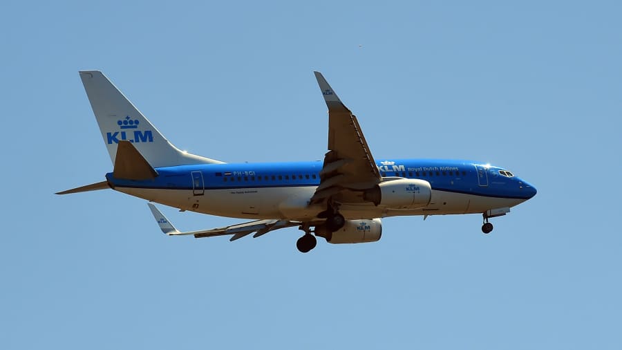 Boeing 737 KLM airline. Aircraft landing at Leonardo da Vinci International Airport in Fiumicino, Italy on April 24, 2021.