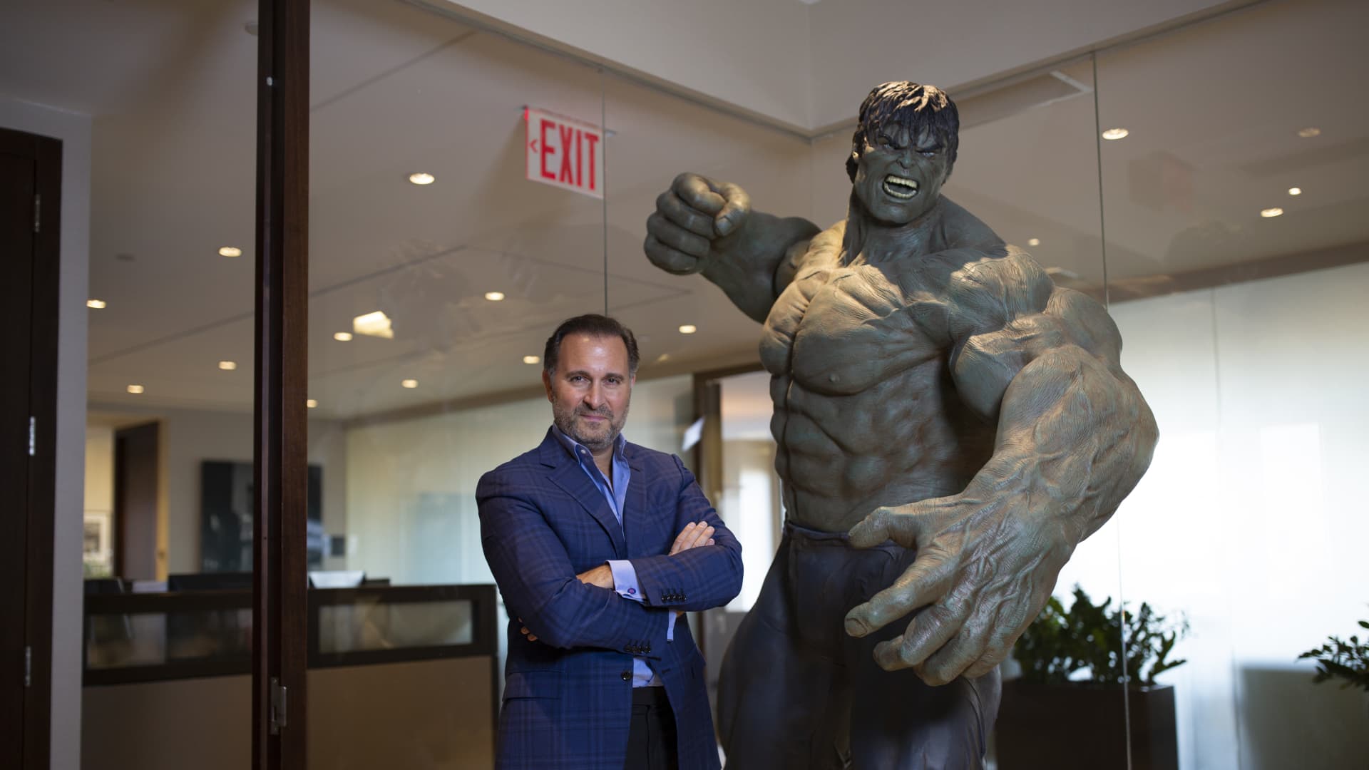 Gerry Cardinale, chief executive officer of Redbird Capital Partners LLC, stands for a photograph next to a 10-foot-tall statue of the Incredible Hulk in New York, U.S., on Wednesday, Nov. 14, 2018.