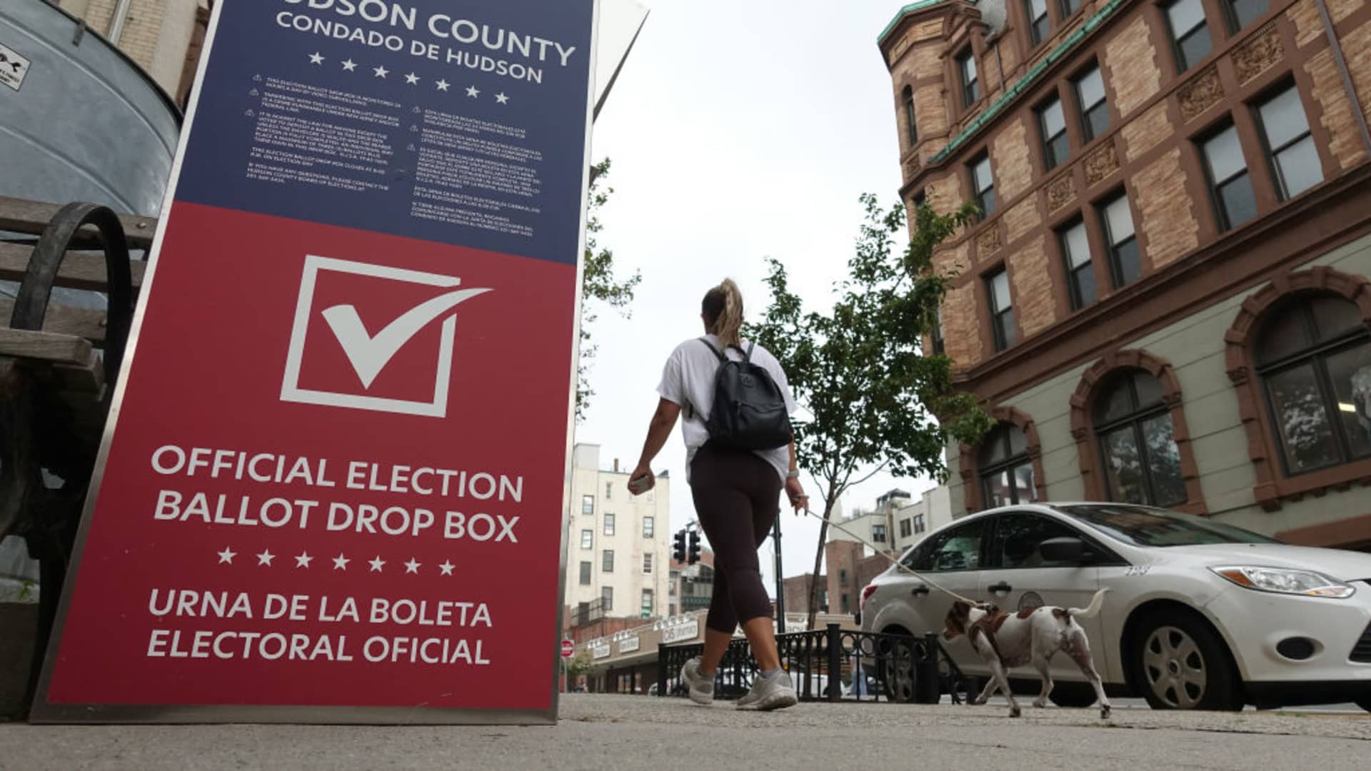 A Hudson County election ballot drop box sits outside City Hall on August 17, 2020 in Hoboken, NJ.