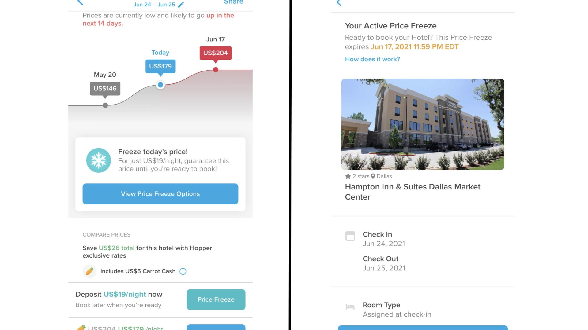 Two views of the Hopper app's new Price Freeze feature, showing (left) a step in the search process and (right) a list of active freezes.