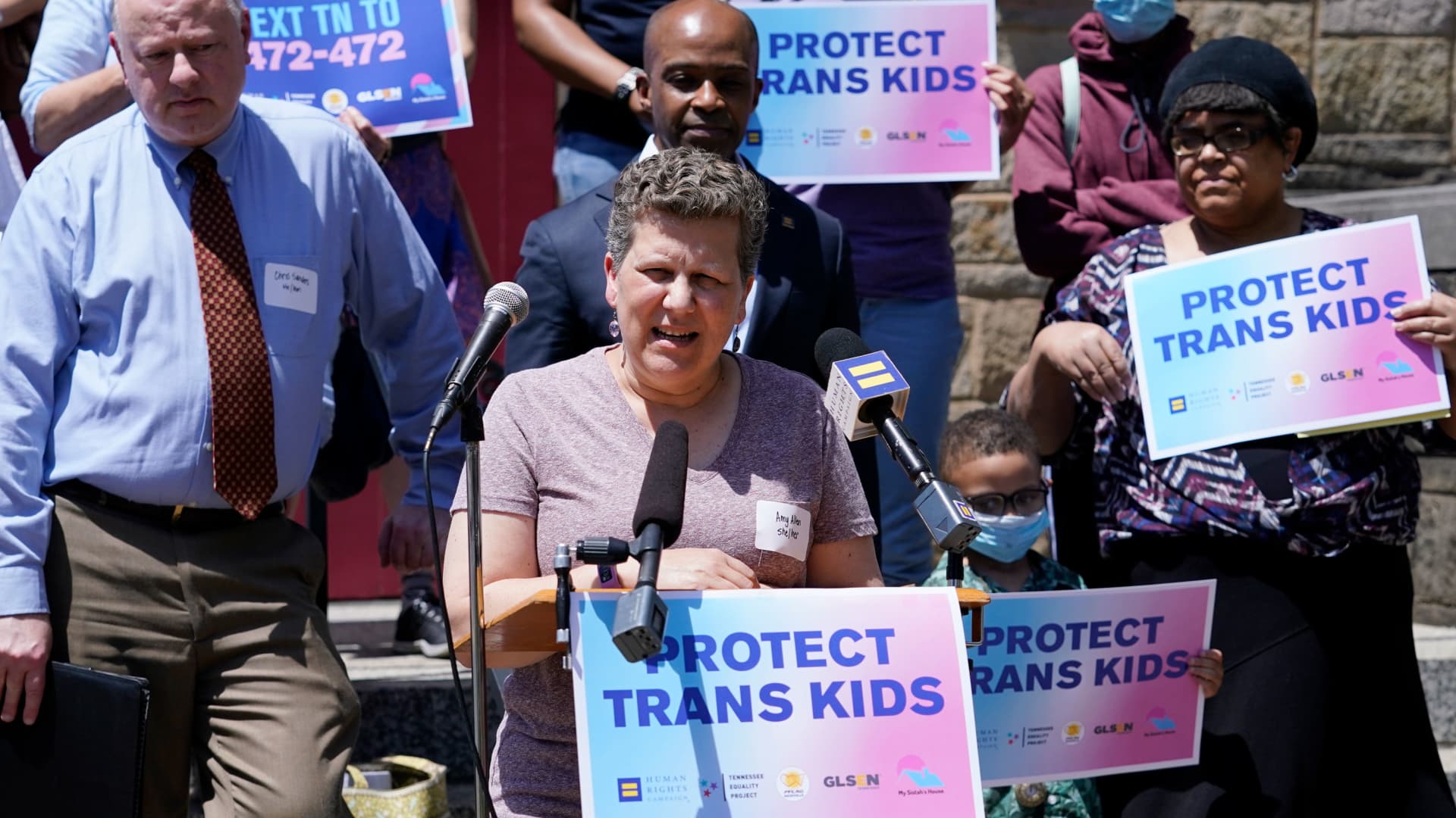Amy Allen, the mother of an 8th grade transgender son, speaks after a Human Rights Campaign round table discussion on anti-transgender laws Friday, May 21, 2021, in Nashville, Tenn.
