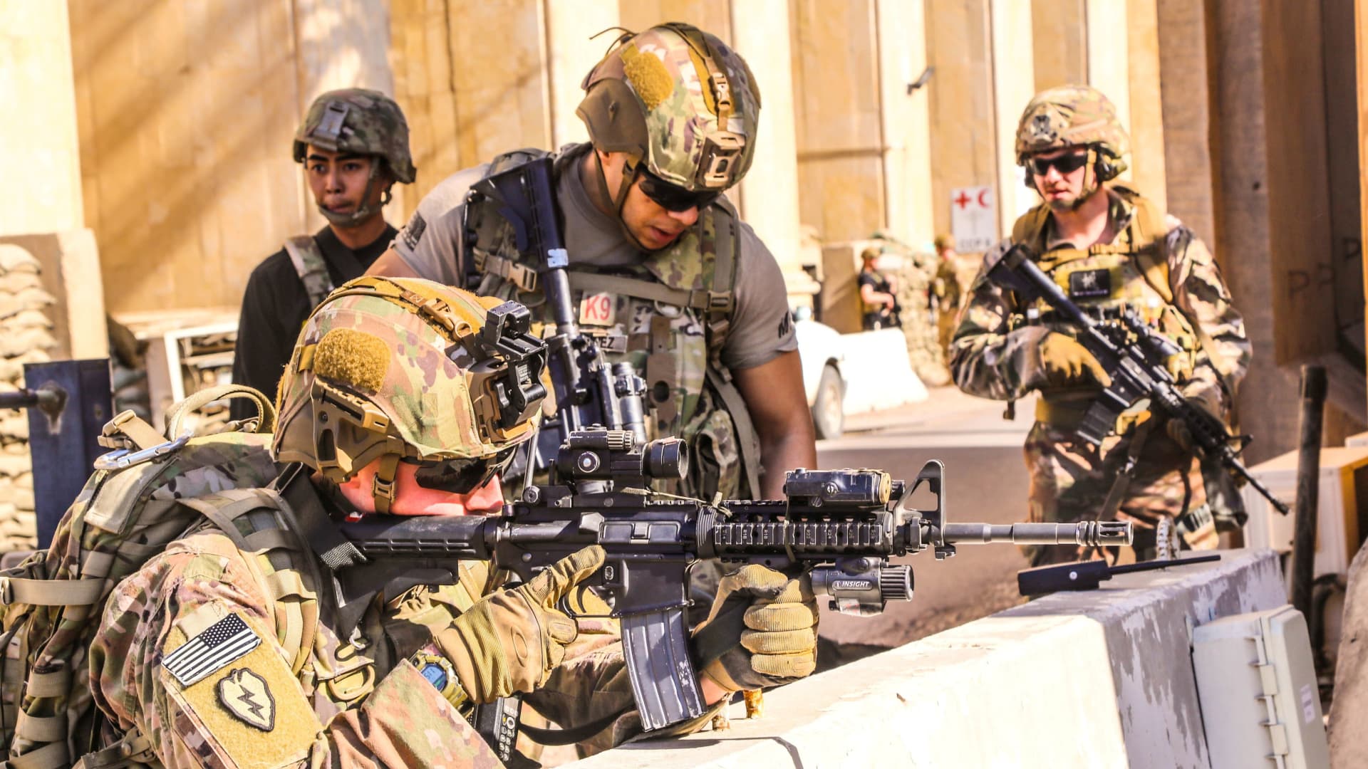 U.S. Army soldiers from 1st Brigade, 25th Infantry Division, Task Force-Iraq, man a defensive position at Forward Operating Base Union III in Baghdad, Iraq, December 31, 2019.