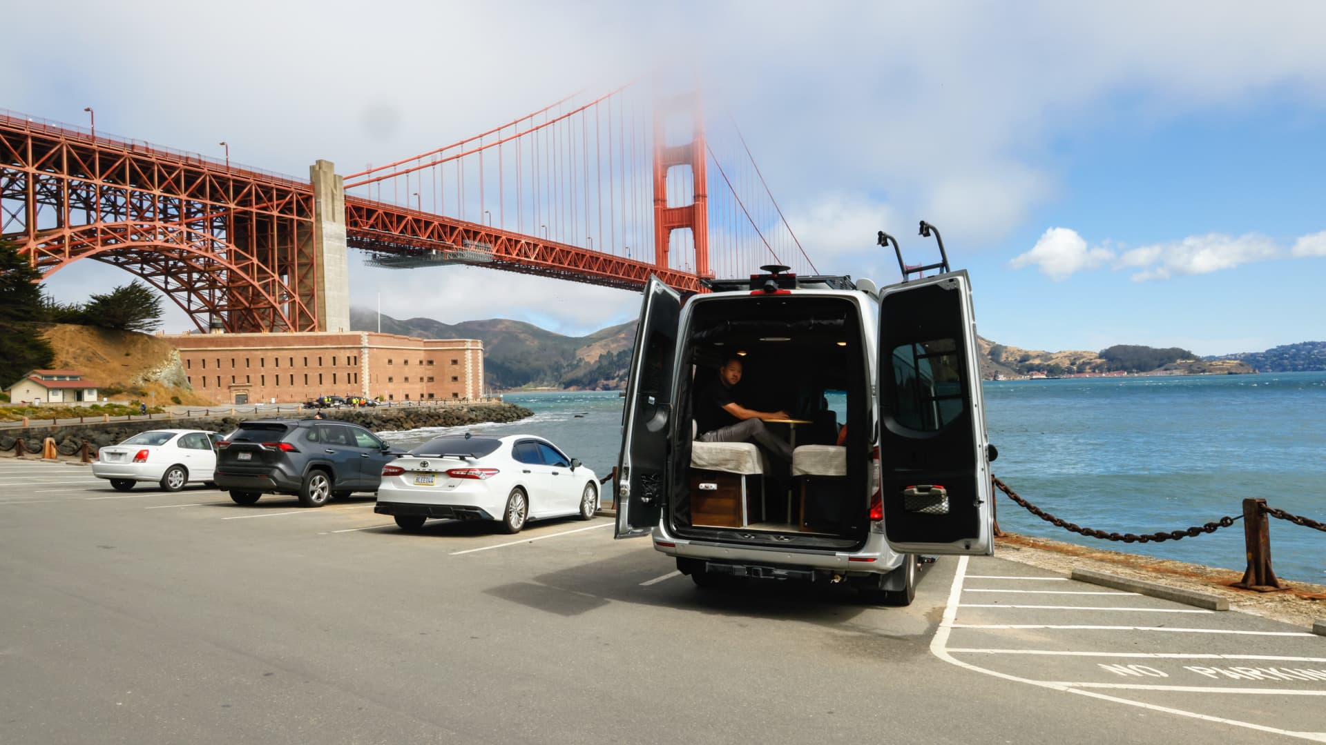 Kenzo Fong, CEO of tech start-up Rock, began working out of his van in May 2020 after his children began doing their schoolwork at home during the pandemic.