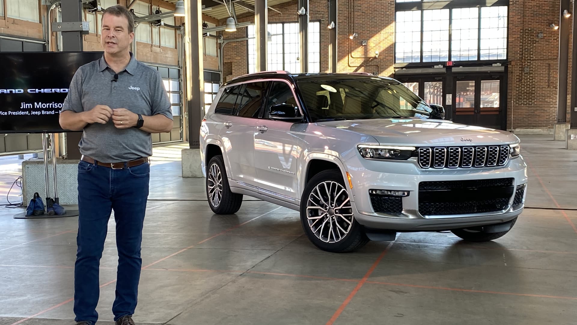 Jim Morrison, vice president of Jeep in North America, speaks June 11, 2021 during an event for the new Grand Cherokee L SUV in Detroit.