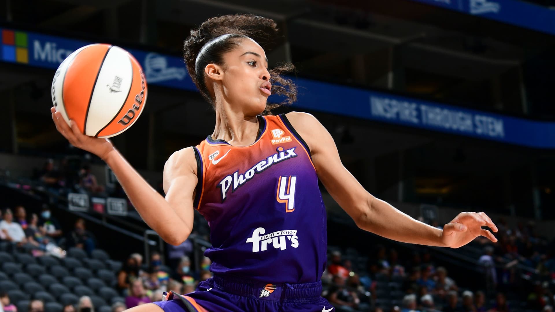 Skylar Diggins-Smith #4 of the Phoenix Mercury looks to pass the ball during the game against the Dallas Wings on June 11, 2021 at Phoenix Suns Arena in Phoenix, Arizona.