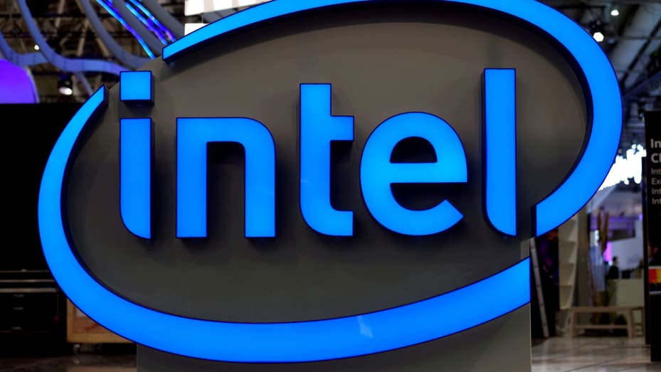 Intel's logo is pictured during preparations at the CeBit computer fair.
