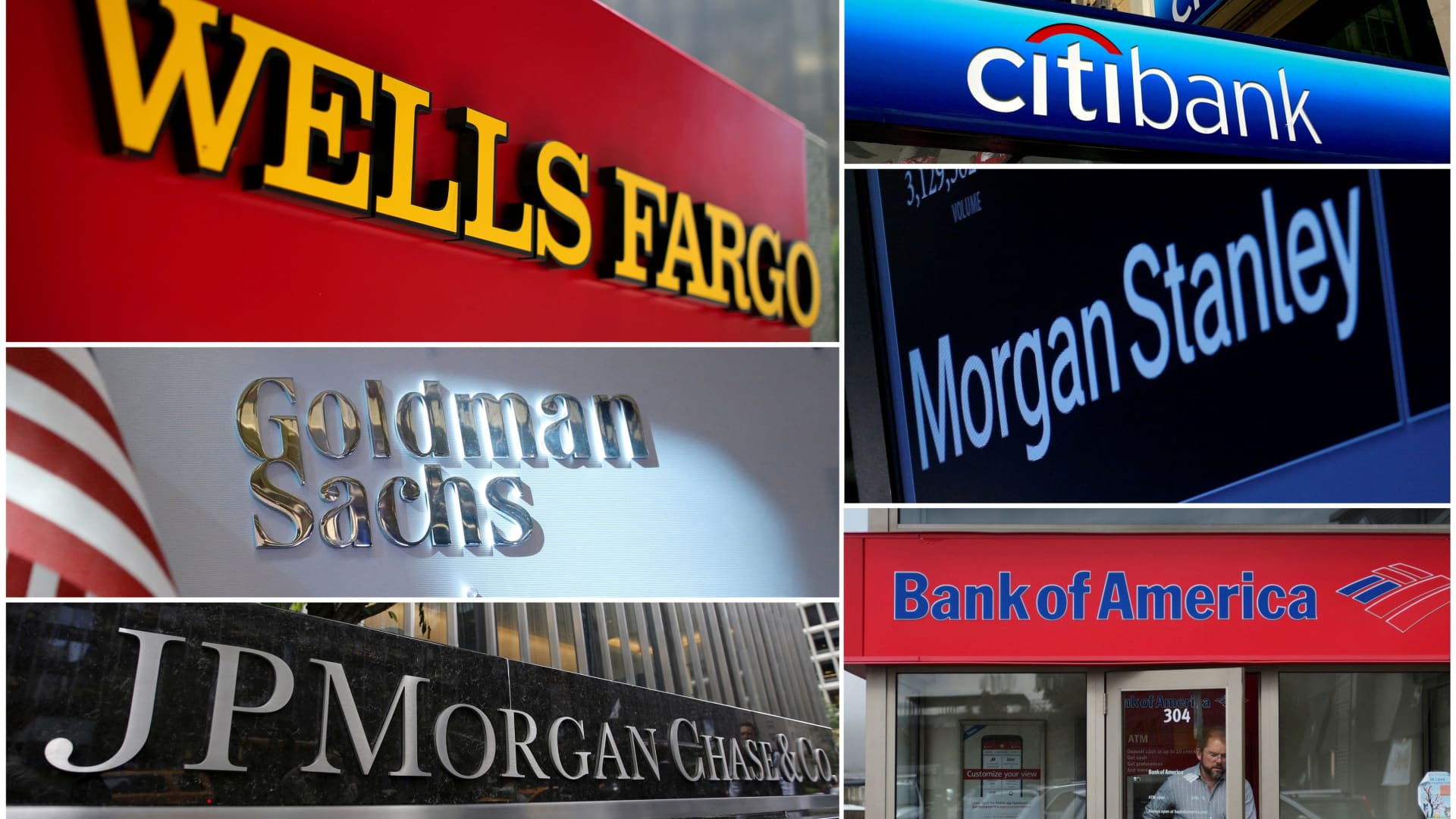 A combination file photo shows Wells Fargo, Citibank, Morgan Stanley, JPMorgan Chase, Bank of America and Goldman Sachs.