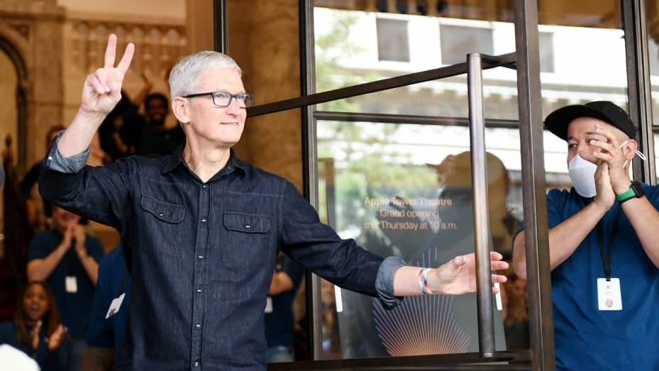 Apple CEO Tim Cook attends the opening of the new Apple Tower Theater retail store at Apple Tower Theatre on June 24, 2021 in Los Angeles, California.