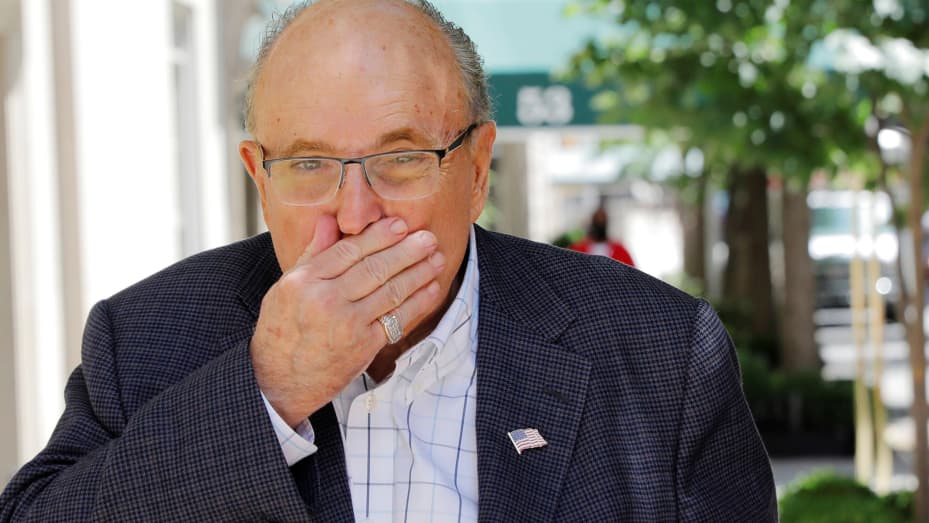 Former New York City Mayor Rudy Giuliani arrives at his apartment building after the suspension of his law license in Manhattan in New York City, New York, U.S., June 24, 2021.
