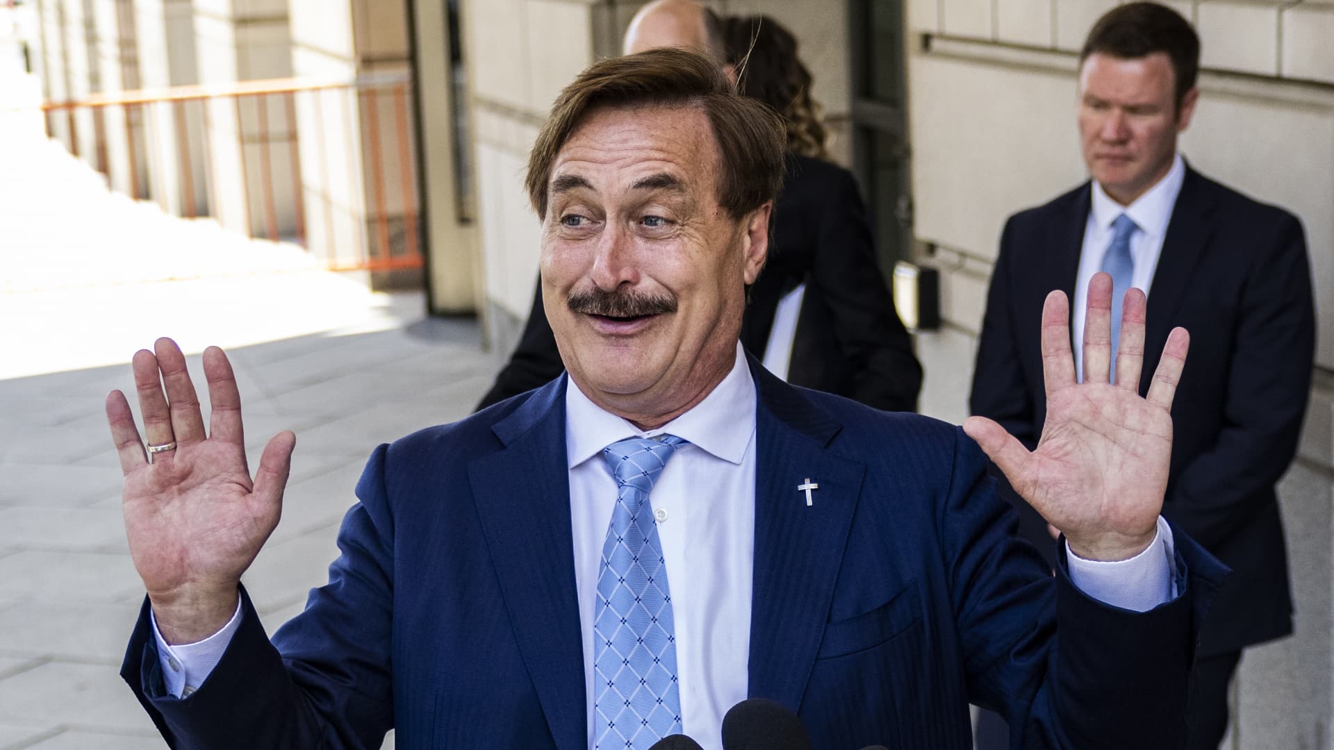 Mike Lindell, chief executive officer of My Pillow Inc., speaks to members of the media while arriving to federal court in Washington, D.C., U.S., on Thursday, June 24, 2021.