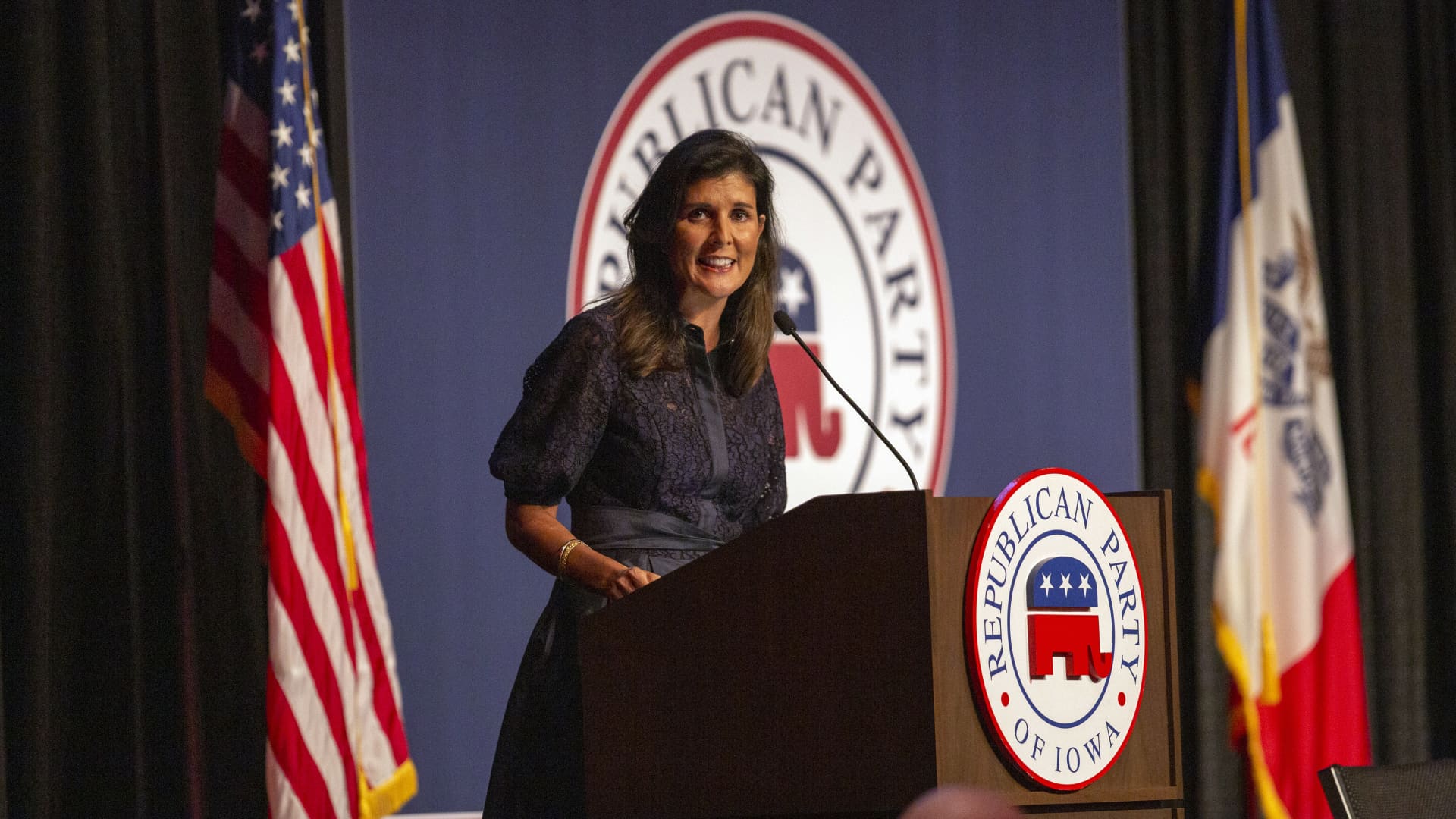 Nikki Haley, former ambassador to the United Nations, speaks during the Iowa GOP Lincoln Dinner in Des Moines, Iowa, U.S., on Thursday, June 24, 2021.