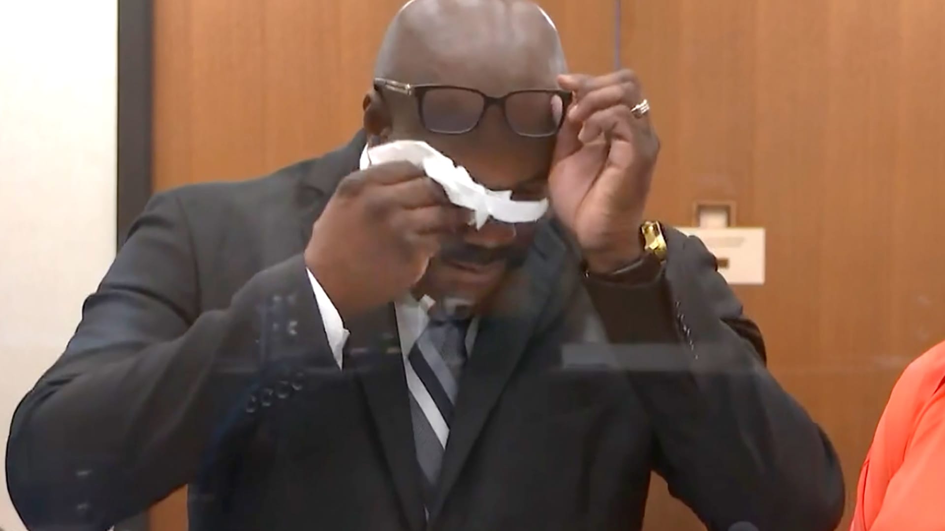 In this image taken from video, Philonise Floyd, brother of George Floyd, becomes emotional during victim impact statements as Hennepin County Judge Peter Cahill presides over sentencing, Friday, June 25, 2021, at the Hennepin County Courthouse in Minneapolis, in the trial of former Minneapolis police officer Derek Chauvin, who was convicted in the May 25, 2020, death of George Floyd.