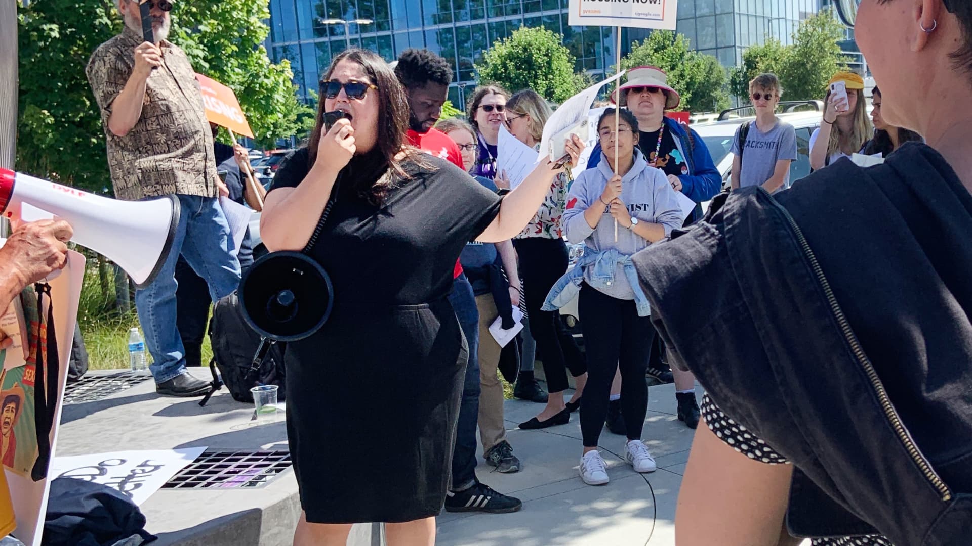 Silicon Valley Rising campaign lead Maria Noel Fernandez leads a protest at Google's 2019 shareholder meeting at company's campus in Sunnyvale, California.