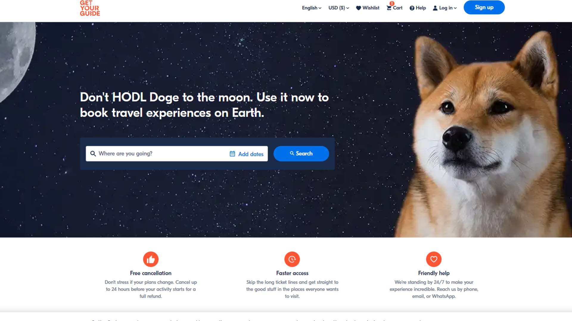 Germany-based travel site GetYourGuide has debuted U.S. offerings and the ability to pay with dogecoin.