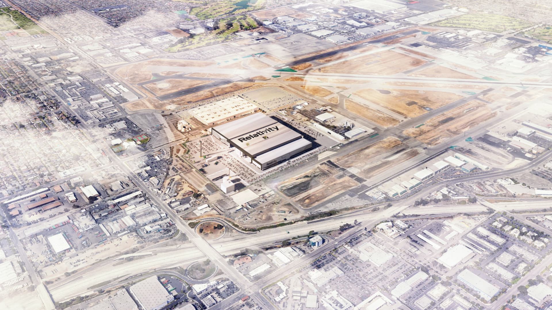An aerial view of the company's planned factory near Long Beach Airport in California.