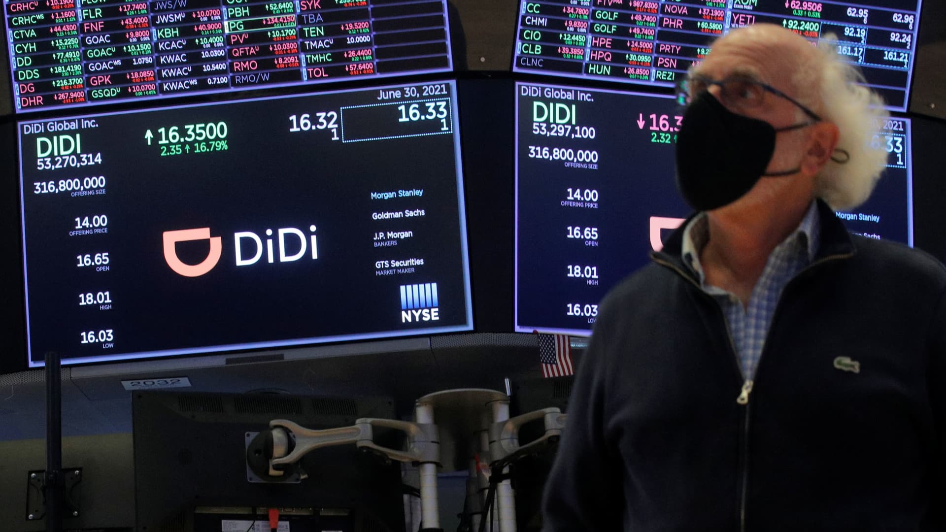 Traders work during the IPO for Chinese ride-hailing company Didi Global Inc on the New York Stock Exchange (NYSE) floor in New York City, U.S., June 30, 2021.