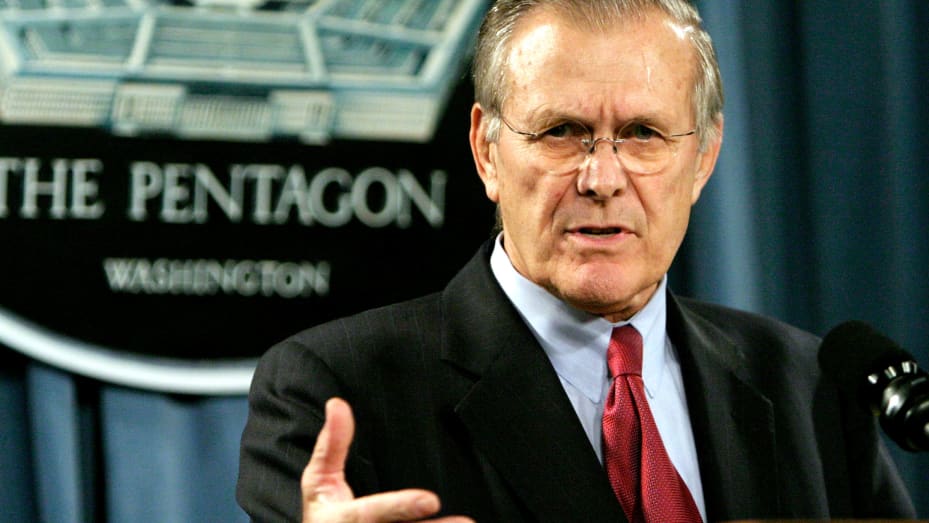 Defense Secretary Donald Rumsfeld gestures at the Pentagon January 11, 2005 in Arlington, Virginia.