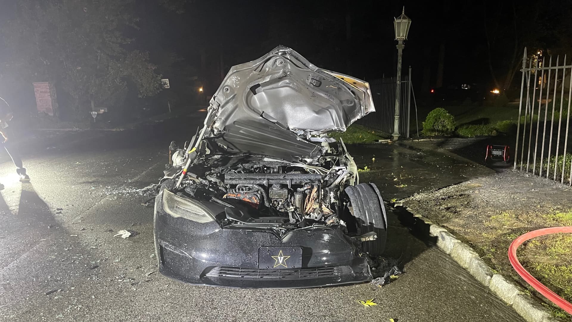This Tesla Model S Plaid caught fire while the driver was at the wheel, according to a local fire chief and attorneys representing the driver, on June 29, 2021, in Haverford, Pennsylvania.