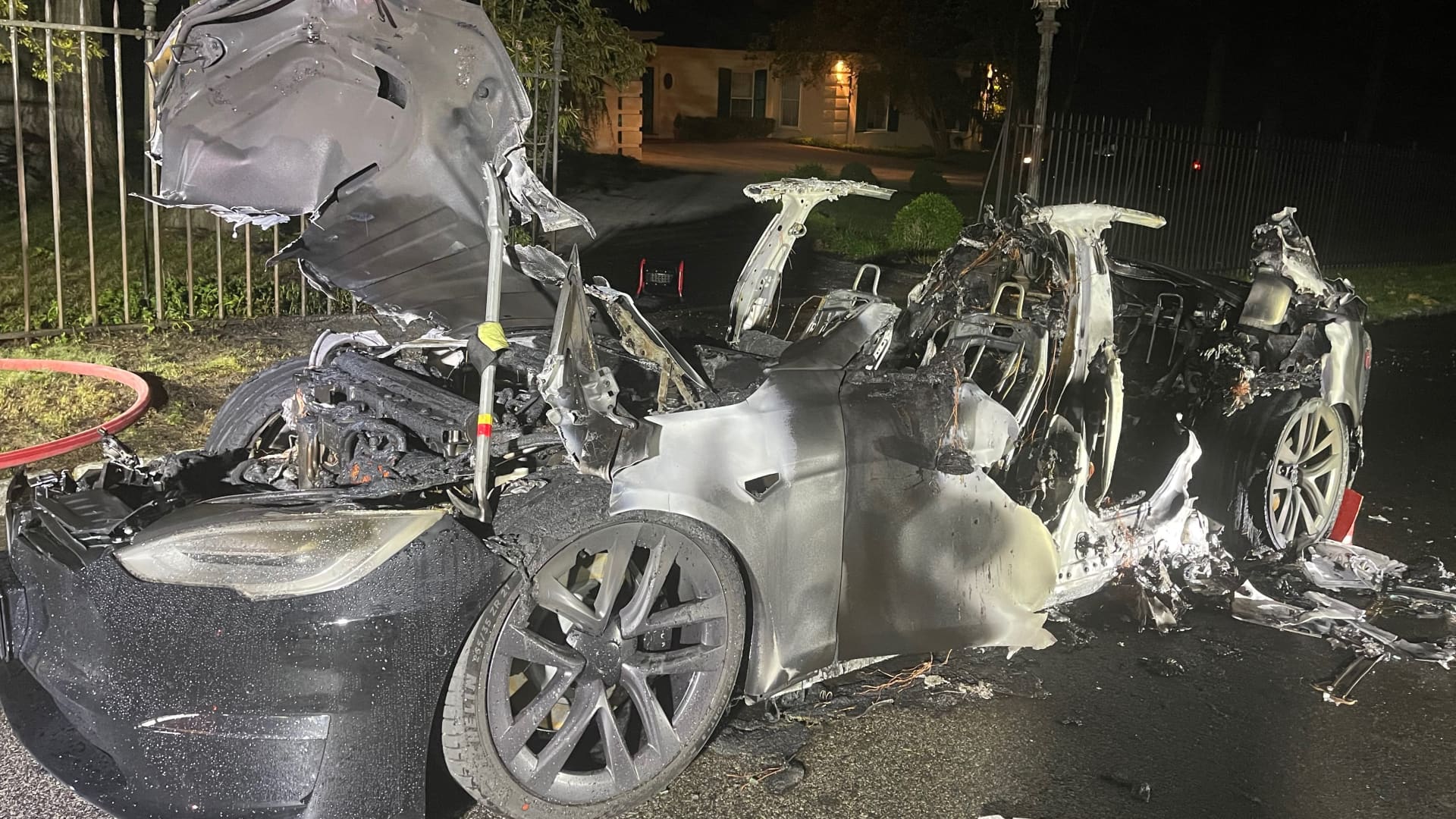 This Tesla Model S Plaid caught fire while the driver was at the wheel, according to a local fire department chief and attorneys representing the driver, on June 29, 2021, in Haverford, Pennsylvania