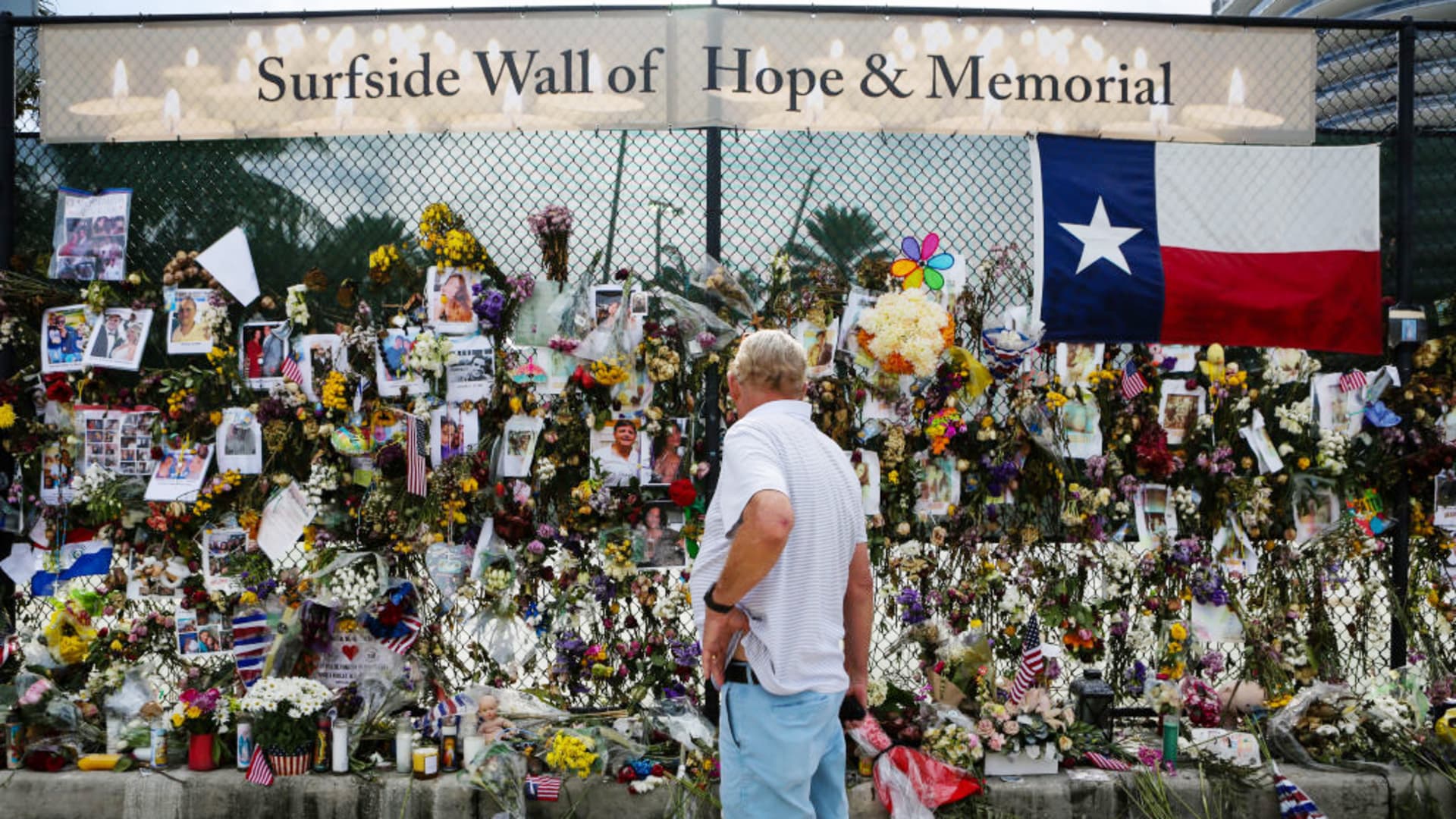 A man is seen at the Surfside wall of hope & memorial in Surfside, Florida, U.S., on July 05, 2021.