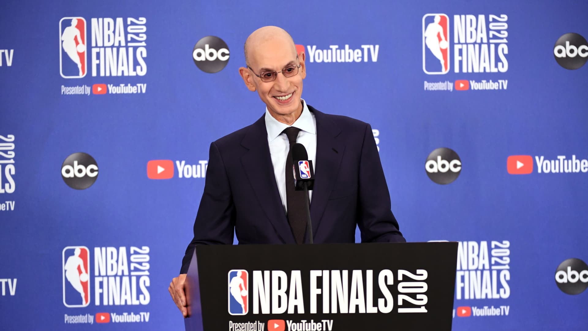 NBA Commissioner Adam Silver speaks to the media prior to the game of the Milwaukee Bucks against the Phoenix Suns in Game One of the 2021 NBA Finals on July 6, 2021 at Phoenix Suns Arena in Phoenix, Arizona.