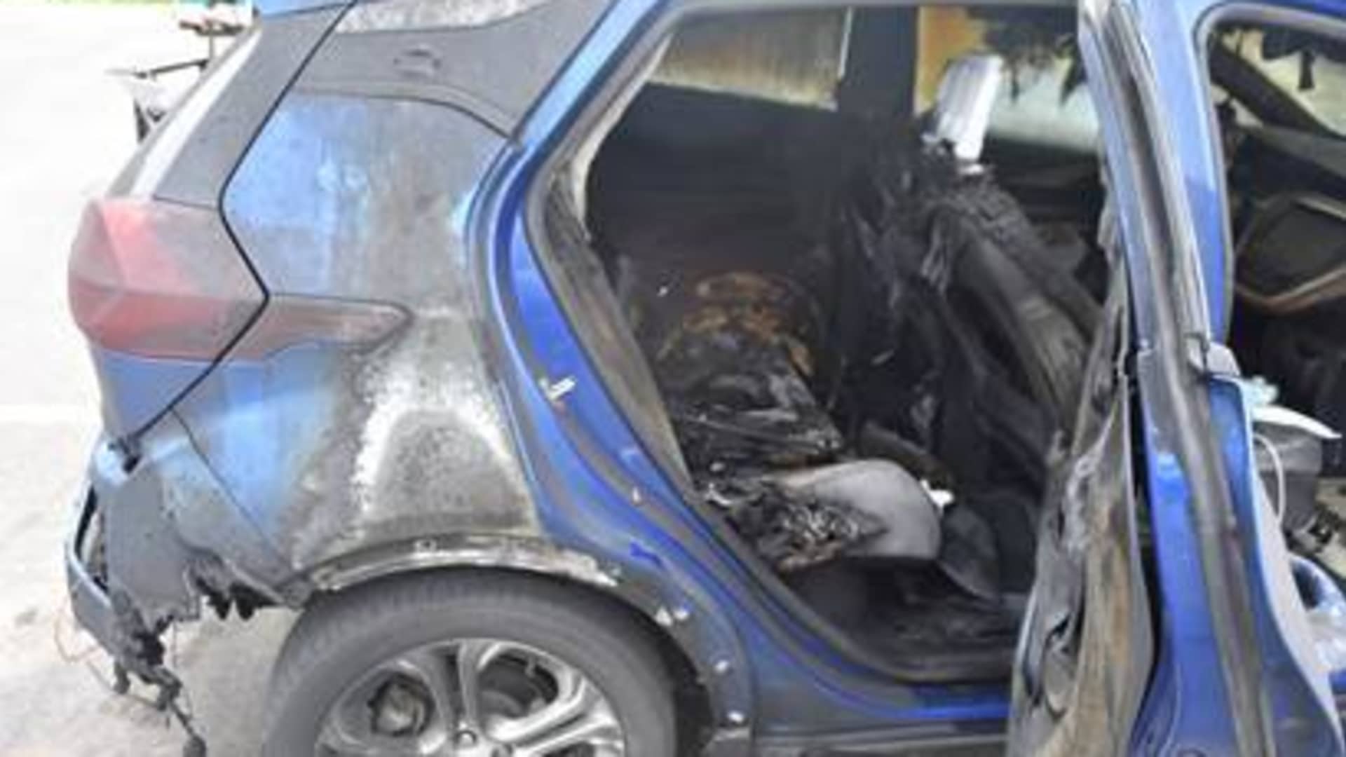 The Vermont State Police released this photo of the 2019 Chevrolet Bolt EV that caught fire on July 1, 2021 in the driveway of state Rep. Timothy Briglin, a Democrat.