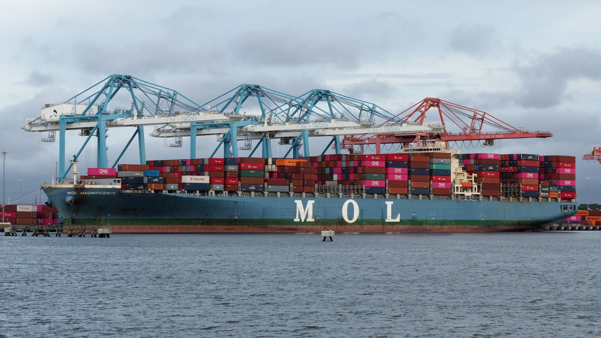 Mitsui Osk Lines ship MOL Magnificence docked at one of Norfolk's port terminals.