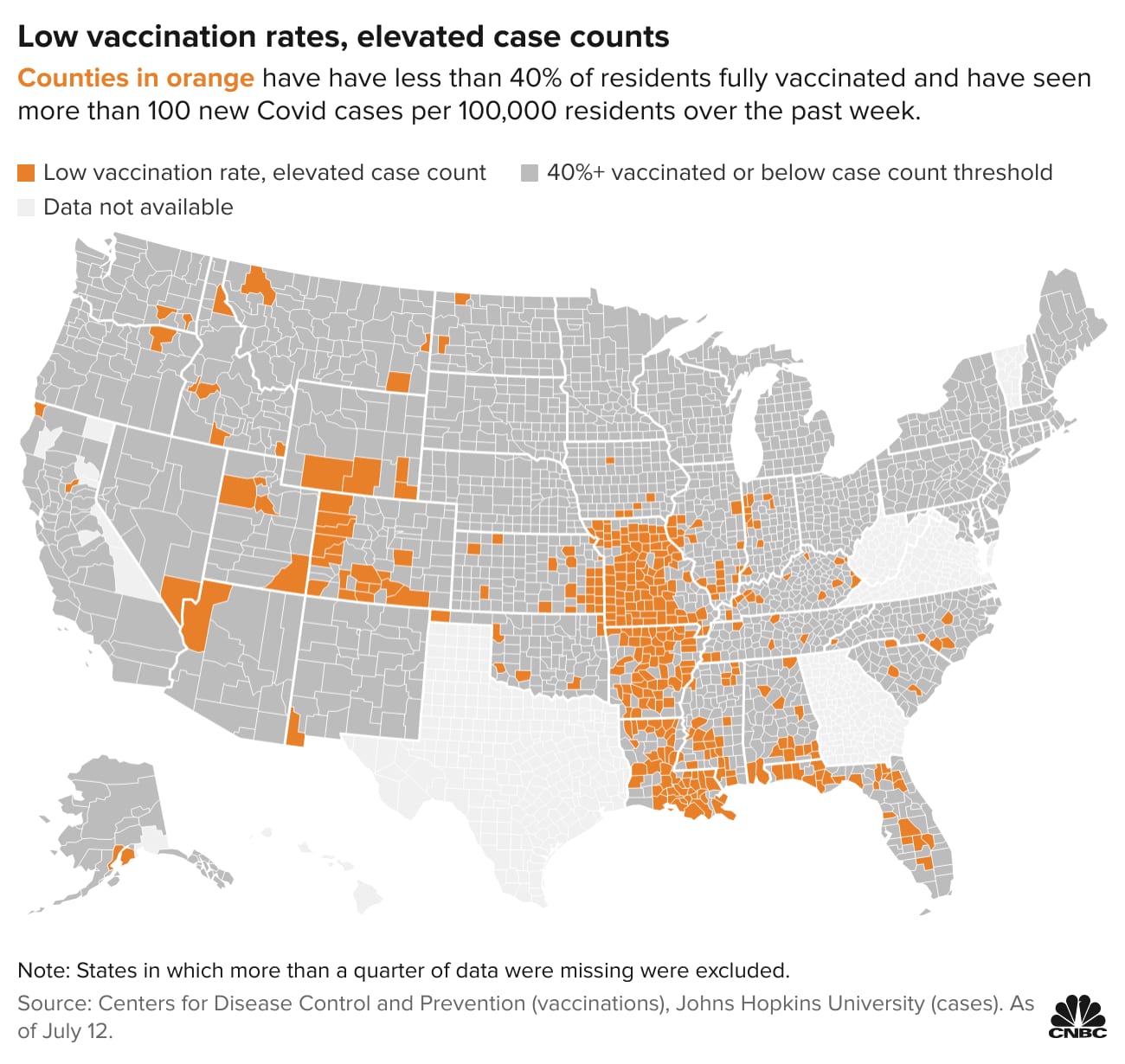 Photo of Tu je mapa ukazujúca, kde nízka miera zaočkovanosti spĺňa vysoký počet prípadov so zvyšujúcim sa počtom infekcií.