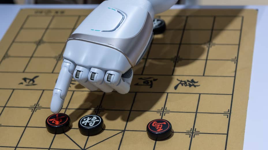 An Ubtech Walker X Robot plays Chinese chess during 2021 World Artificial Intelligence Conference (WAIC) at Shanghai World Expo Center on July 8, 2021 in Shanghai, China.