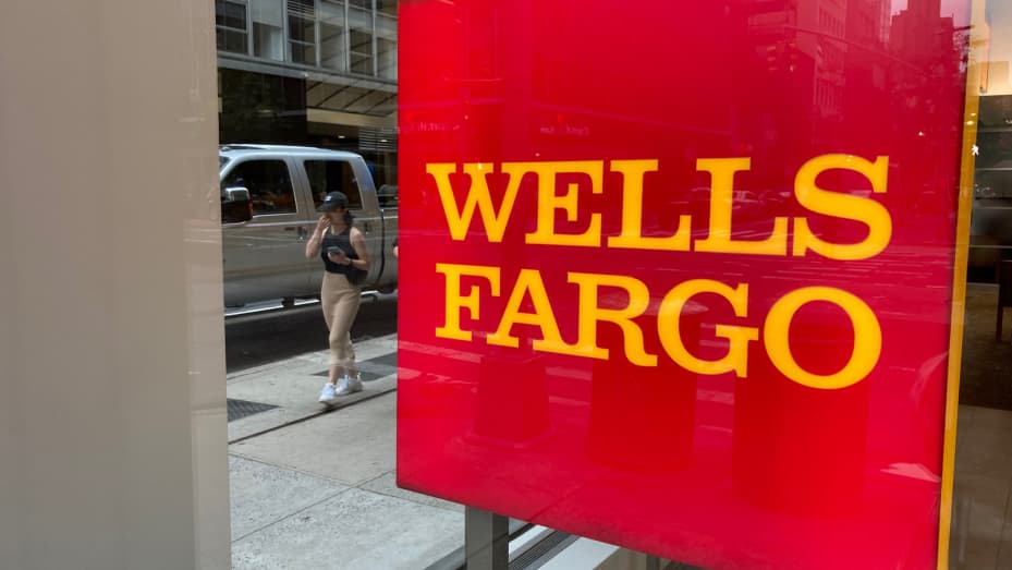 Wells Fargo signage on May 5th, 2021 in New York City.