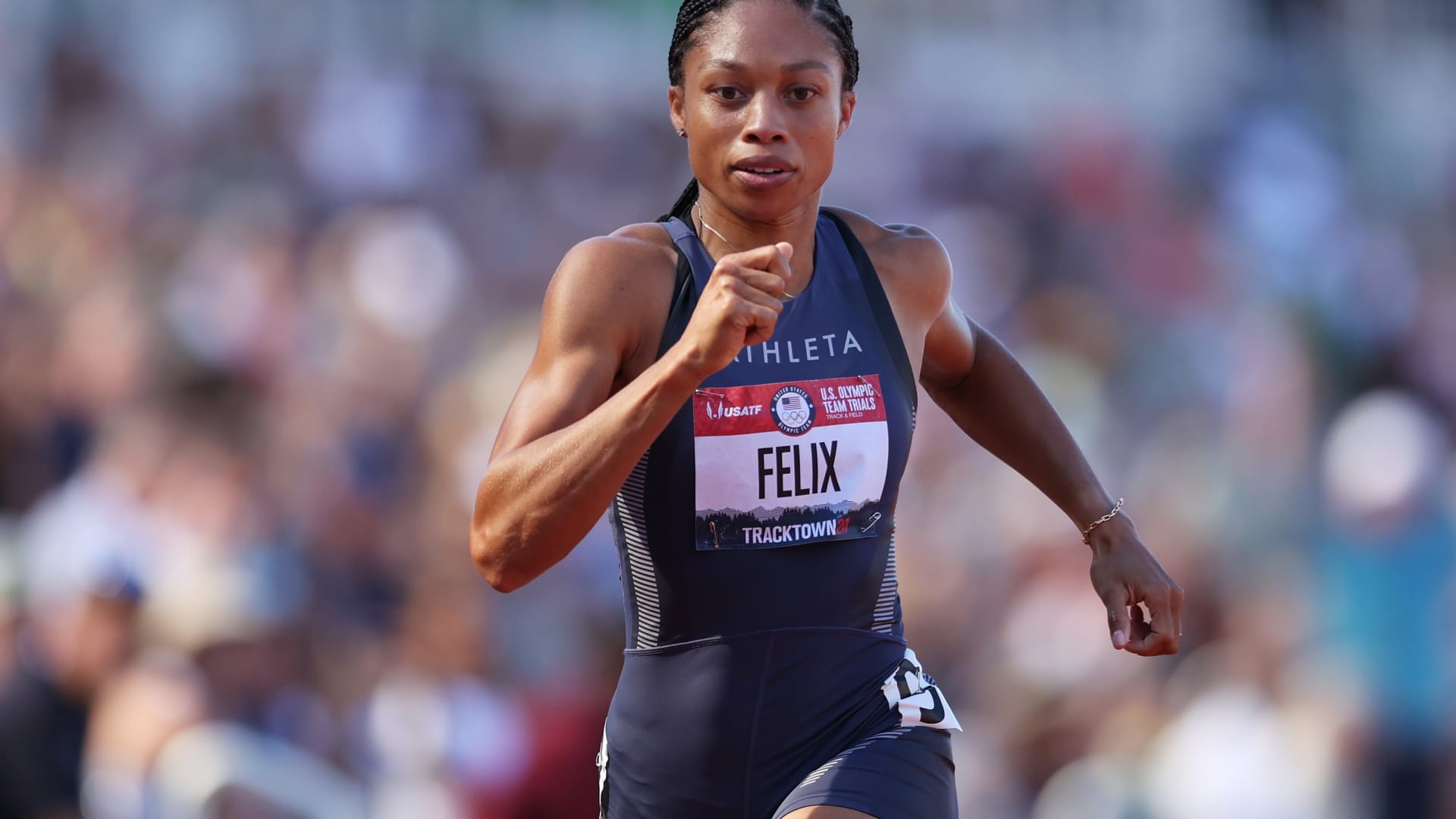 Allyson Felix competes in the Women' 200 Meters Semi-Finals during day eight of the 2020 U.S. Olympic Track & Field Team Trials.